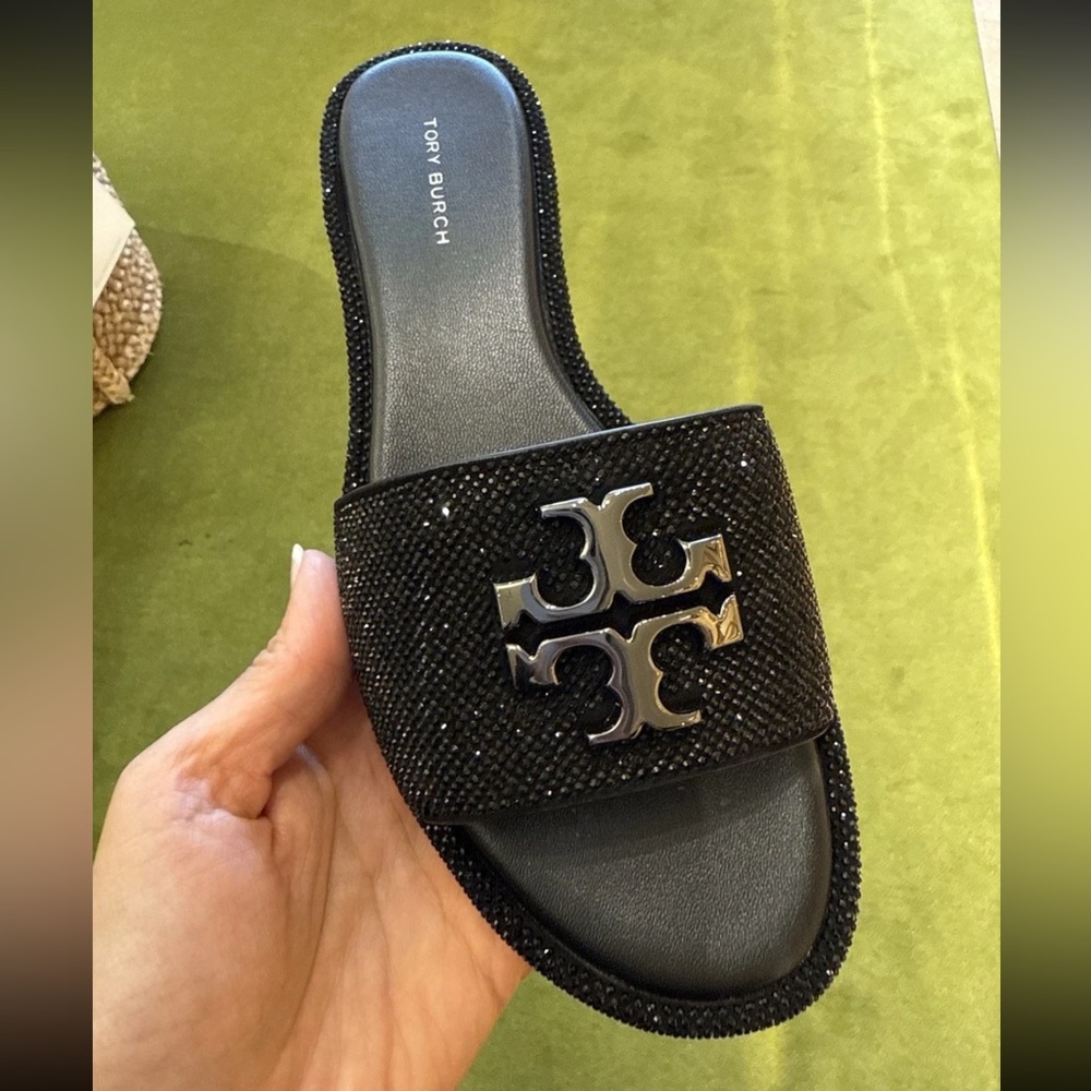 Tory Burch Everly Rhinestone Slides, Perfect Black / Jet /‎ Pewter Size 9
